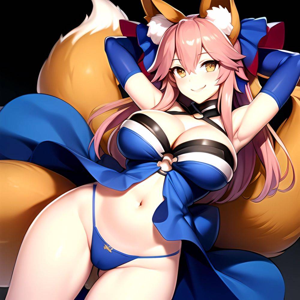 Tamamo Fate Tamamo No Mae Fate Extra 1girl Animal Ear Fluff Animal Ears Arms Up Bare Shoulders Blue Dress Blue, 652999798 - AIHentai - #main