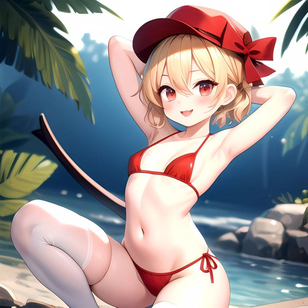 Armpits Bikini Breasts Red Eyes Red Thighhighs Small Breasts Thick Thighs White Bikini Flandre Scarlet 1girl P Blonde Hair Blush, 3638603831 - AIHentai - #main