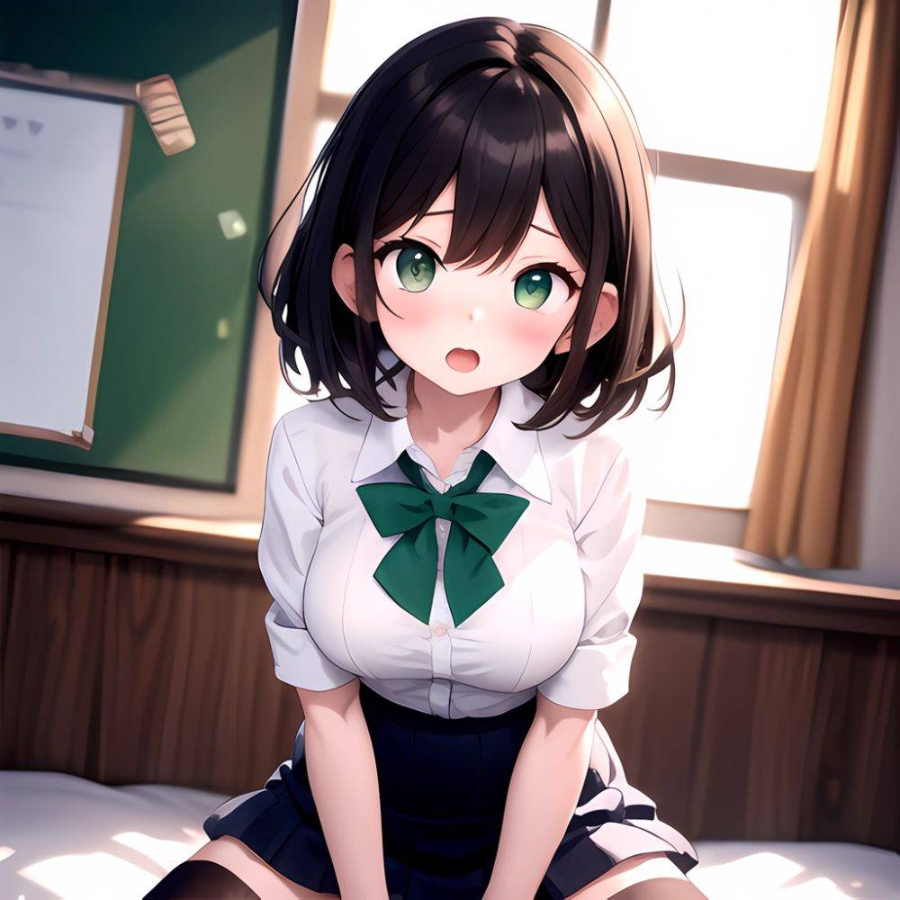 Breasts Cowgirl Position School Uniform Spread Legs Thighhighs Chieru Princess Connect 1girl Blurry Blurry Background Green Eyes, 2305019665 - AIHentai - #main