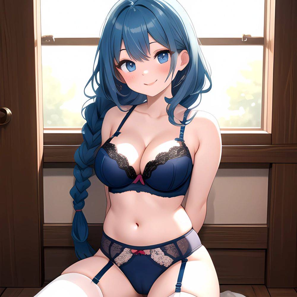 Marianne Von Edmund 1girl Blue Hair Blush Bra Braid Breasts Cameltoe Cleavage Crown Braid Garter Belt Lace Trimmed Bra Lace, 1785656248 - AIHentai - #main
