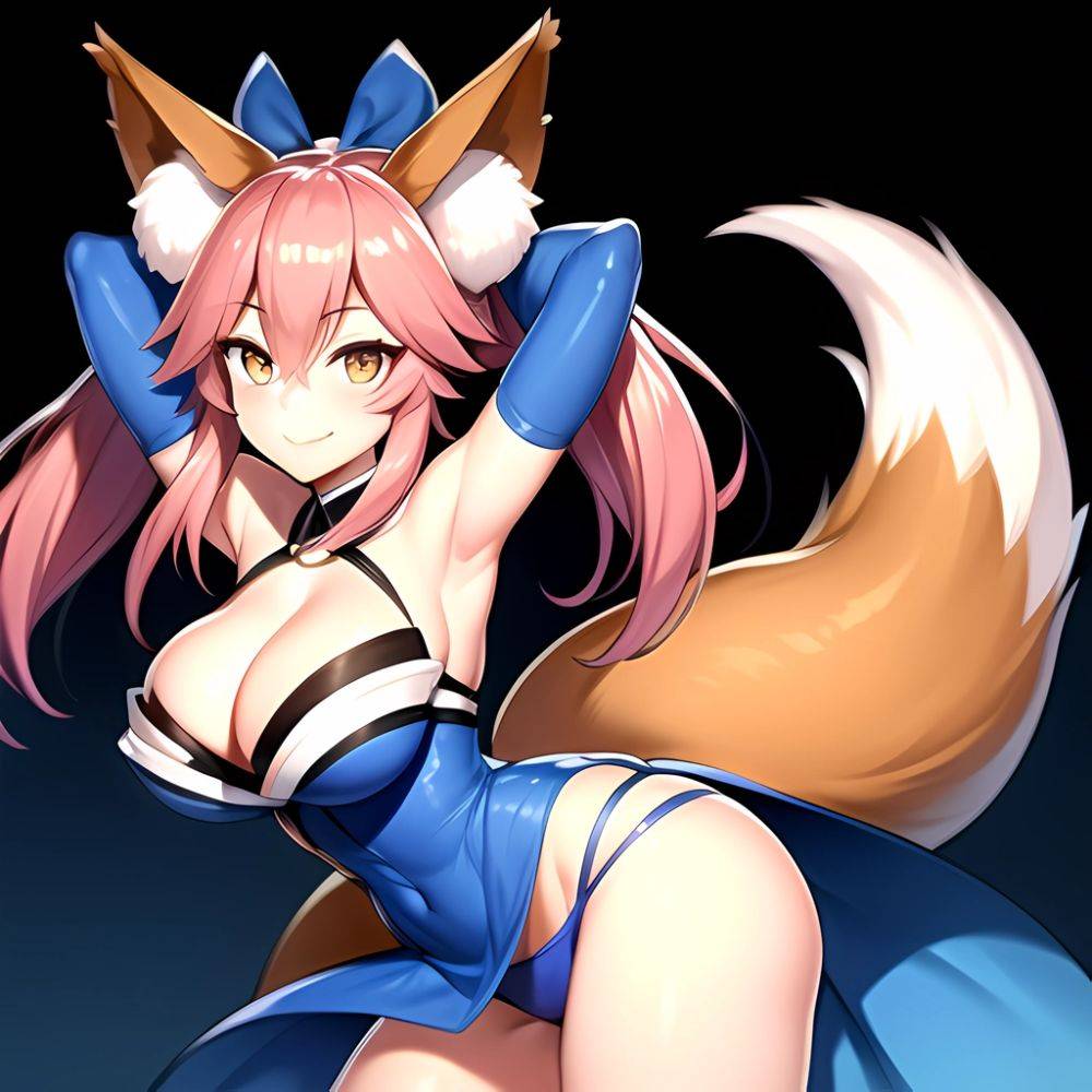 Tamamo Fate Tamamo No Mae Fate Extra 1girl Animal Ear Fluff Animal Ears Arms Up Bare Shoulders Blue Dress Blue, 2757632814 - AIHentai - #main