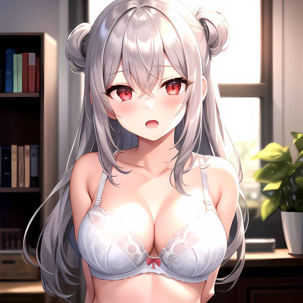 1girl White Bra Blush Bra Breasts Double Parted Bangs Grey Hair Hair Between Eyes Indoors Large Breasts Long Hair Looking, 1995318390 - AIHentai - #main