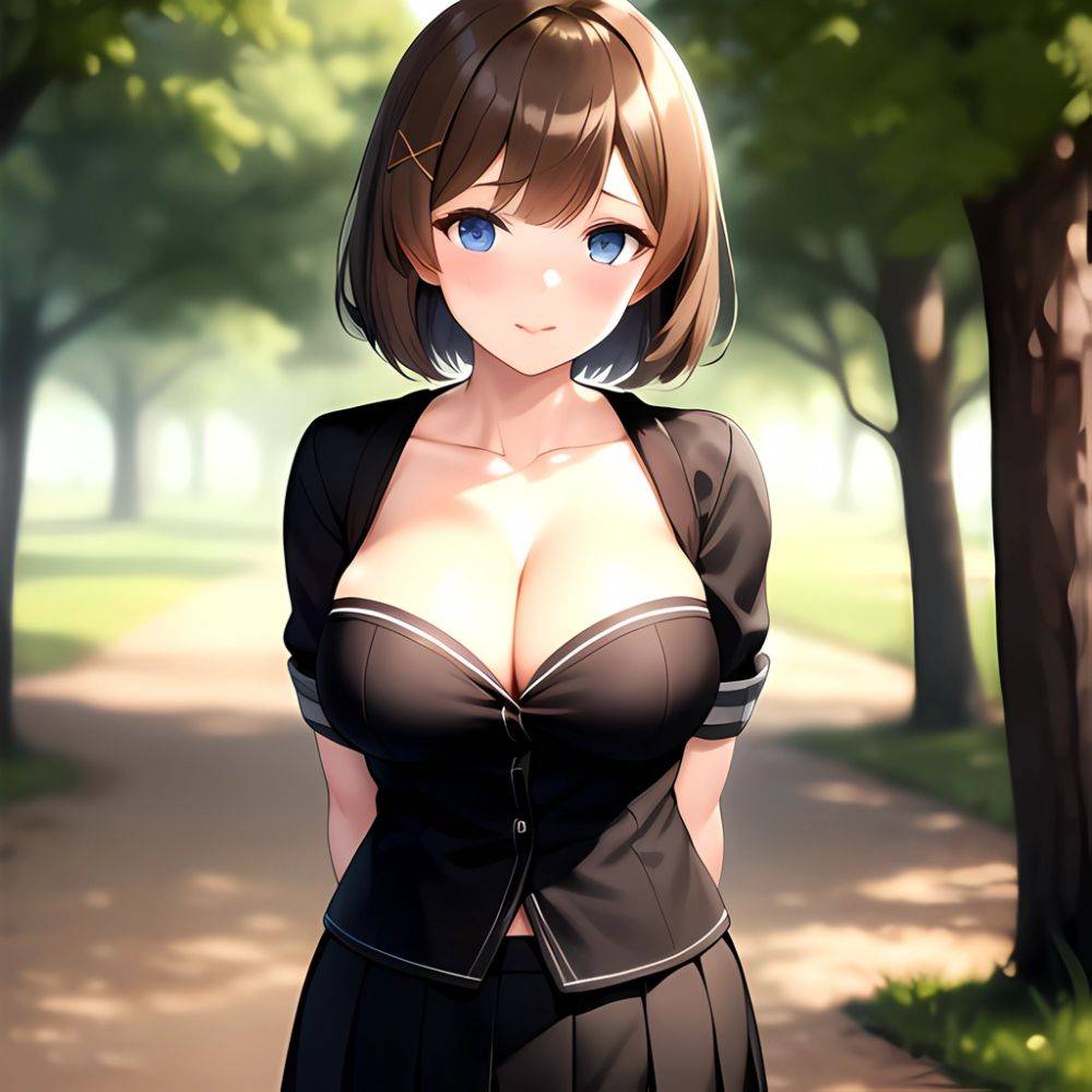 Blue Eyes Breasts Brown Hair Cleavage Large Breasts Short Hair Skirt Maya Kancolle 1girl Alternate Costume Arms Behind Back Blac, 3281230743 - AIHentai - #main