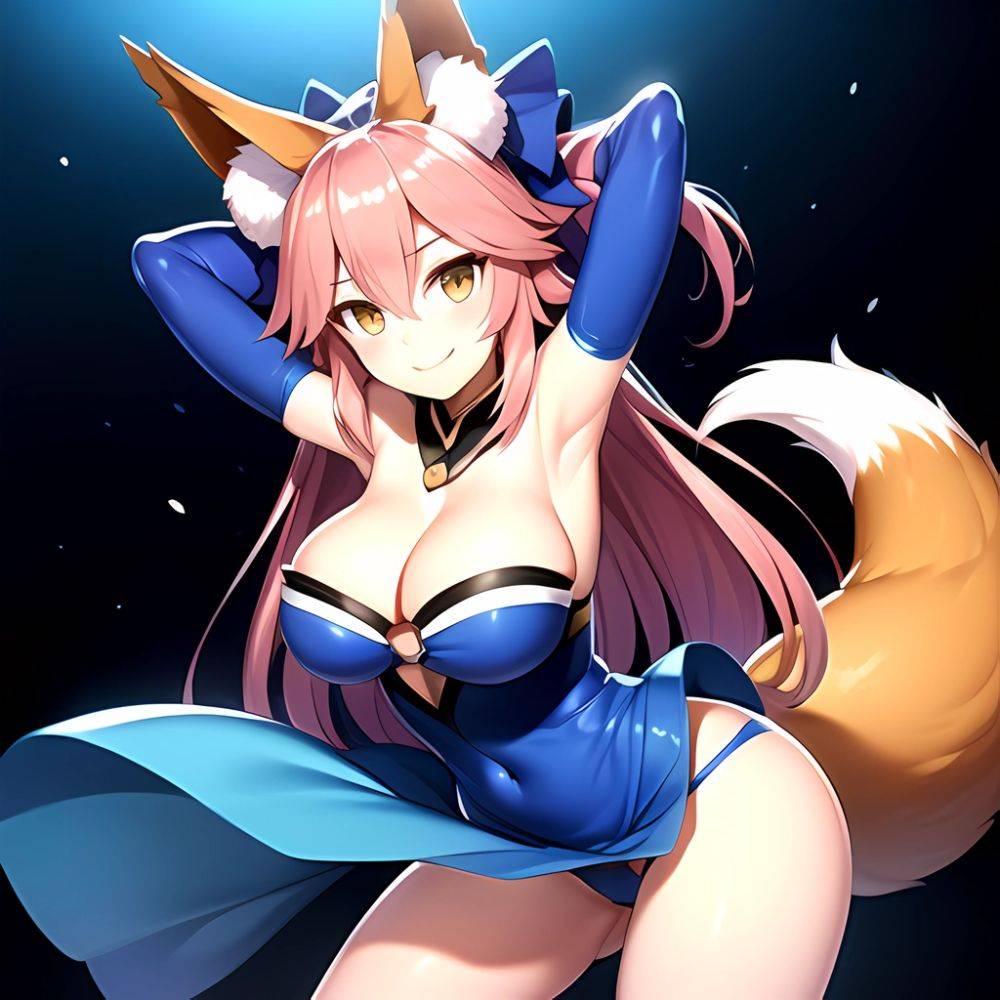 Tamamo Fate Tamamo No Mae Fate Extra 1girl Animal Ear Fluff Animal Ears Arms Up Bare Shoulders Blue Dress Blue, 1879804135 - AIHentai - #main