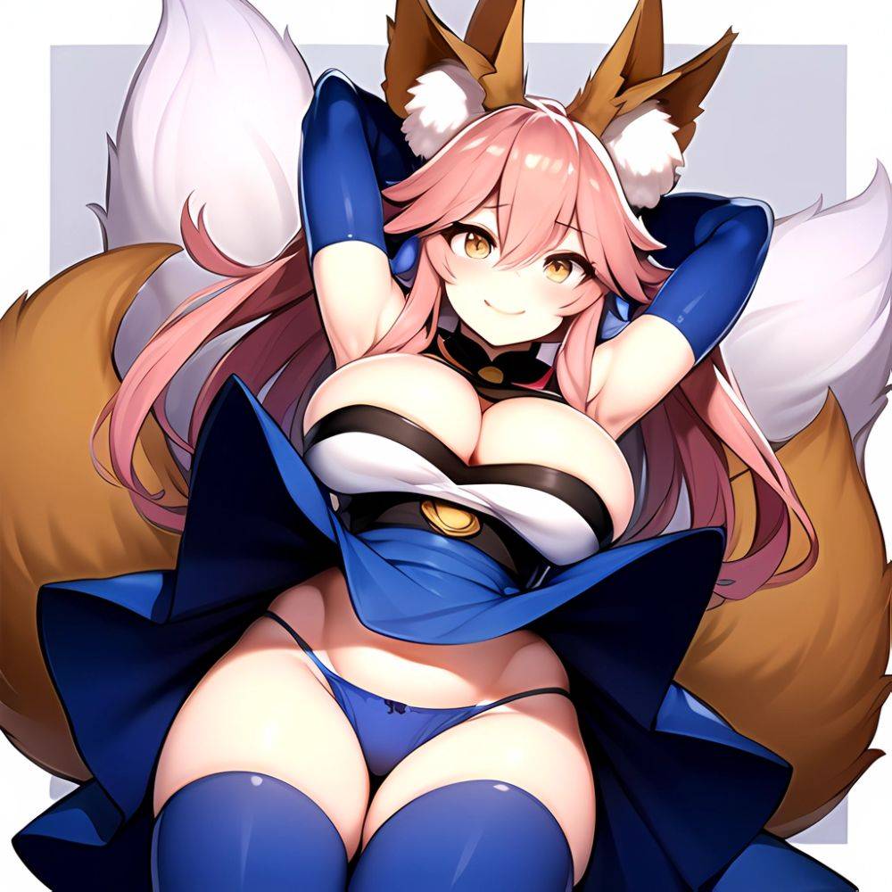 Tamamo Fate Tamamo No Mae Fate Extra 1girl Animal Ear Fluff Animal Ears Arms Up Bare Shoulders Blue Dress Blue, 1216797551 - AIHentai - #main