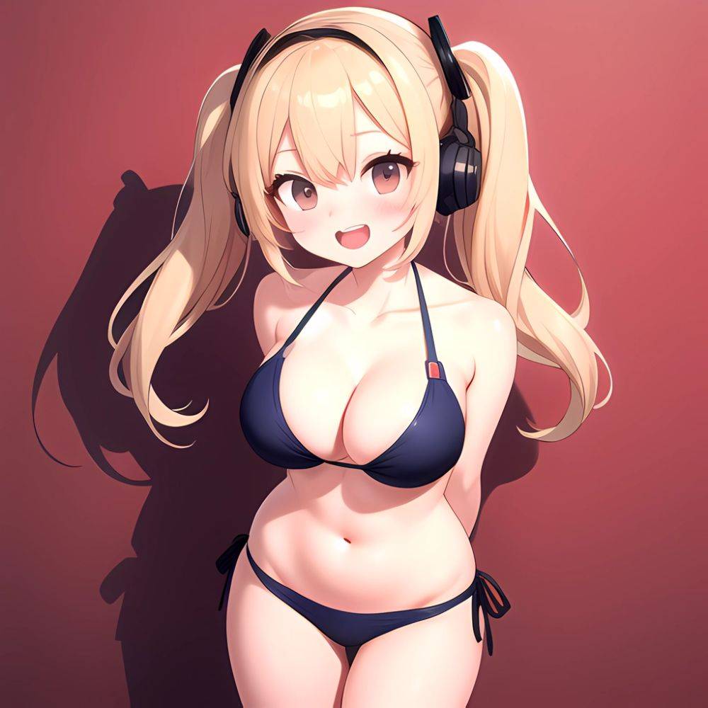 Super Pochaco 1girl Arms Behind Back Bare Shoulders Bikini Blonde Hair Blush Breasts Brown Eyes Cleavage Cowboy Shot Dark Skinne, 2663586385 - AIHentai - #main