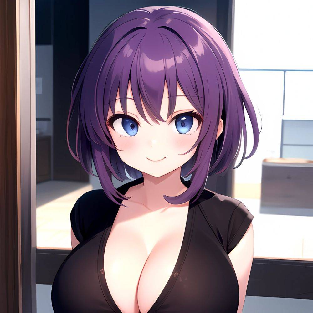 Yumi Senran Kagura 1girl Blue Eyes Breasts Cleavage Large Breasts Looking At Viewer Medium Breasts Paizuri Purple Hair Smile Upp, 1713641971 - AIHentai - #main