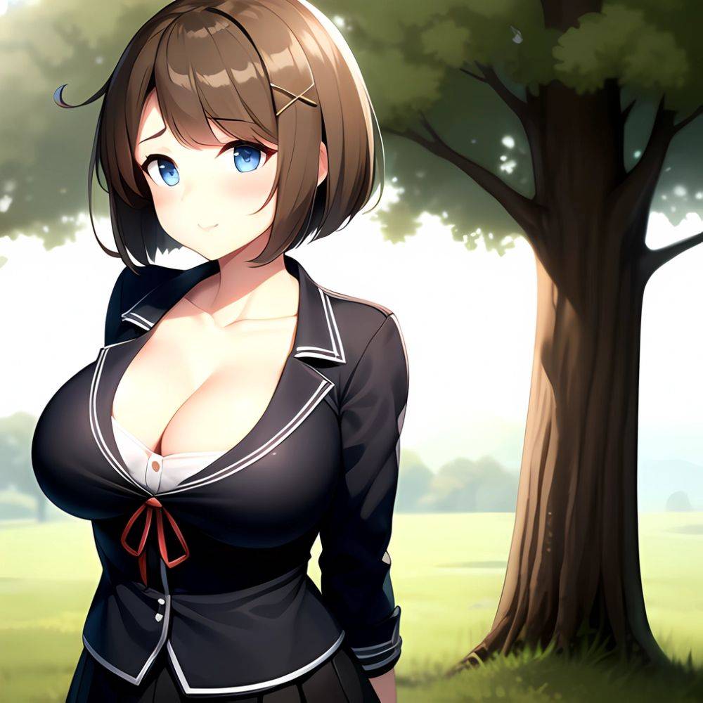 Blue Eyes Breasts Brown Hair Cleavage Large Breasts Short Hair Skirt Maya Kancolle 1girl Alternate Costume Arms Behind Back Blac, 3858961793 - AIHentai - #main