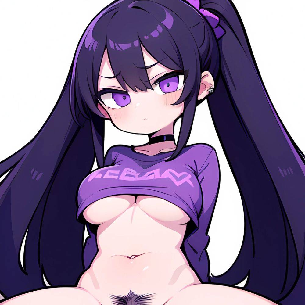 1girl Cowboy Shot Large Breasts Looking At Viewer Naked Shirt Navel Ponytail Pubic Hair Purple Eyes Purple Hair Purple Shirt, 2161940332 - AIHentai - #main