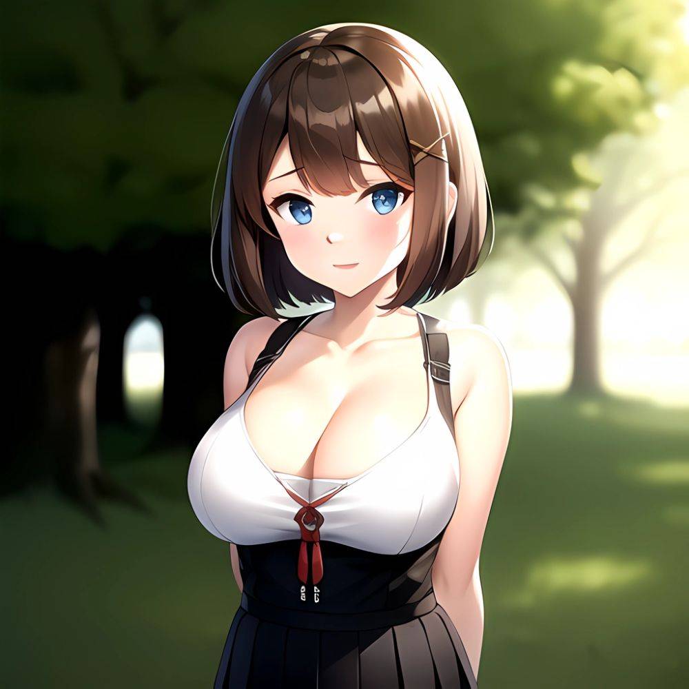 Blue Eyes Breasts Brown Hair Cleavage Large Breasts Short Hair Skirt Maya Kancolle 1girl Alternate Costume Arms Behind Back Blac, 2587626107 - AIHentai - #main