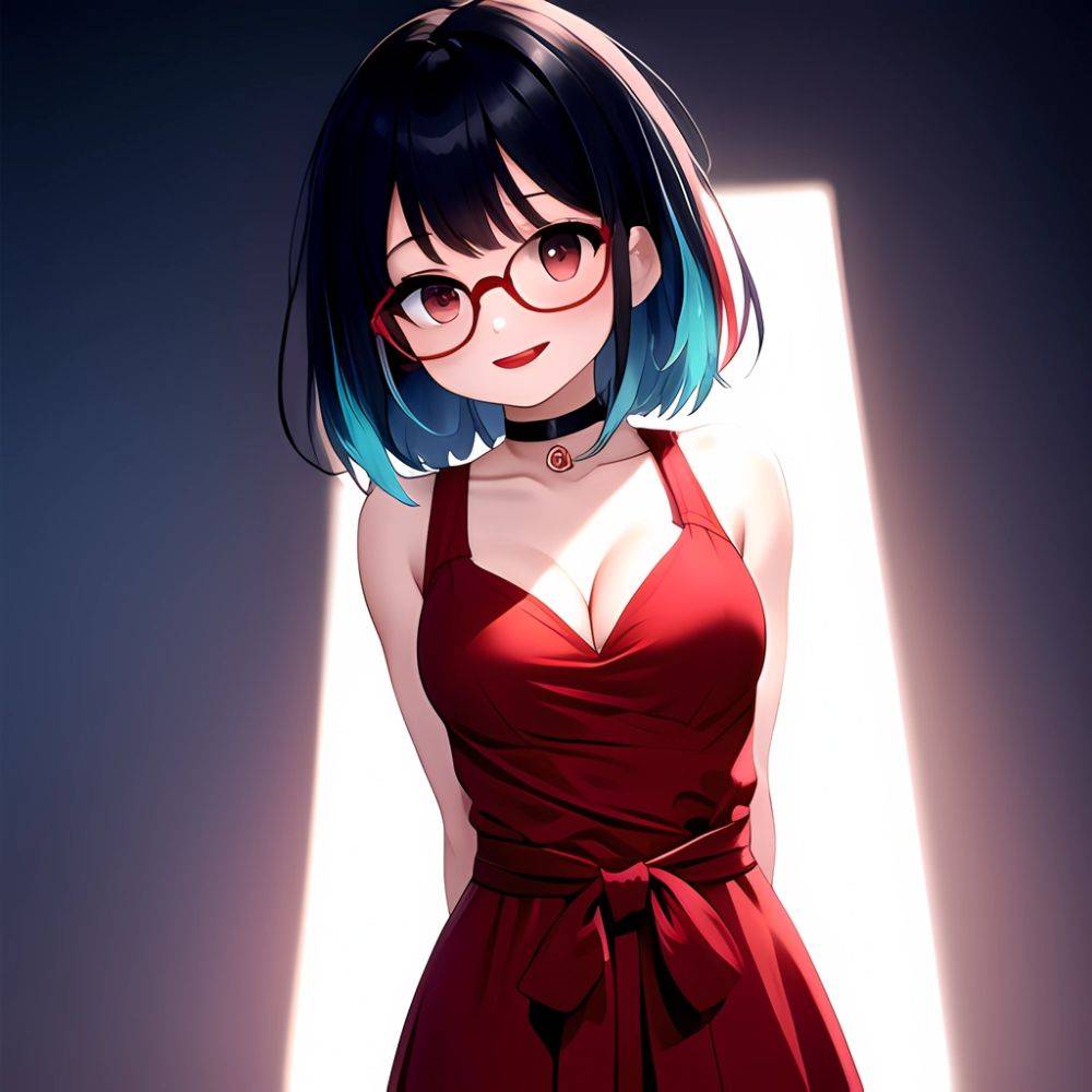 Kson 1girl Black Hair Blue Hair Breasts Brown Eyes Choker Cleavage Collarbone Dress Glasses Gradient Hair Head Tilt Looking At, 3962825744 - AIHentai - #main