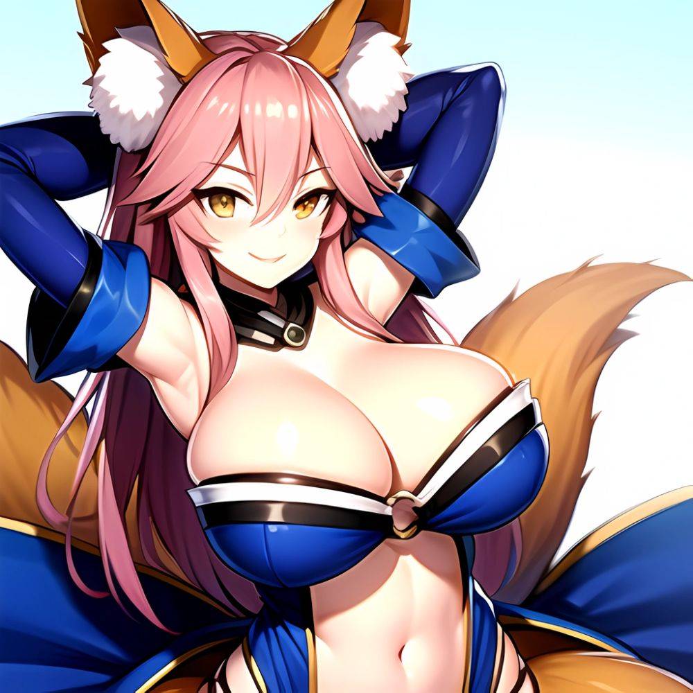 Tamamo Fate Tamamo No Mae Fate Extra 1girl Animal Ear Fluff Animal Ears Arms Up Bare Shoulders Blue Dress Blue, 1787944818 - AIHentai - #main