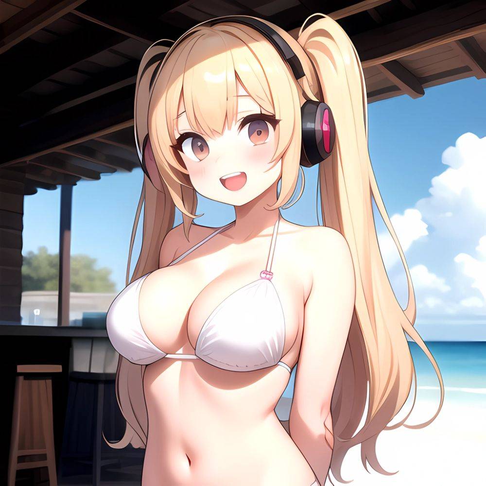 Super Pochaco 1girl Arms Behind Back Bare Shoulders Bikini Blonde Hair Blush Breasts Brown Eyes Cleavage Cowboy Shot Dark Skinne, 3794345257 - AIHentai - #main