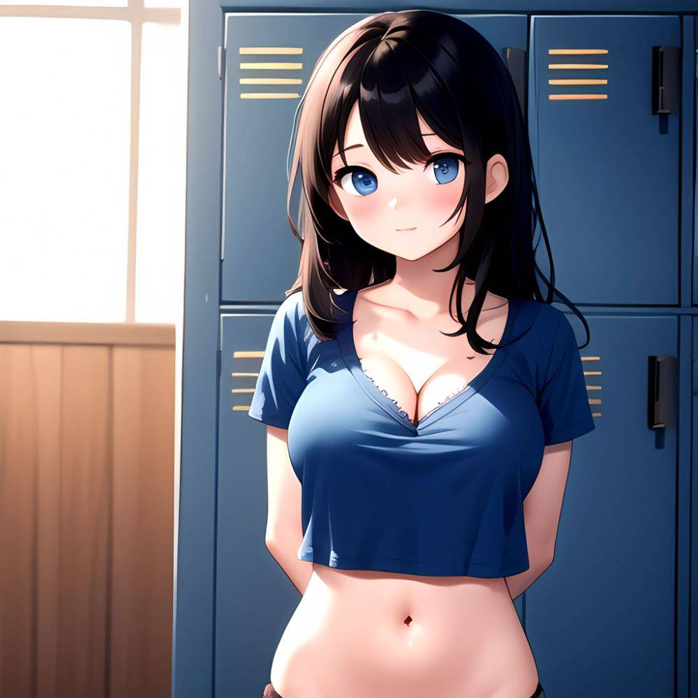 Black Hair Blue Eyes Pubic Hair Pussy Vaginal Nipples Large Breasts Cleavage Takarada Rikka 1girl Blue Shirt Blush Closed Mouth, 657406795 - AIHentai - #main