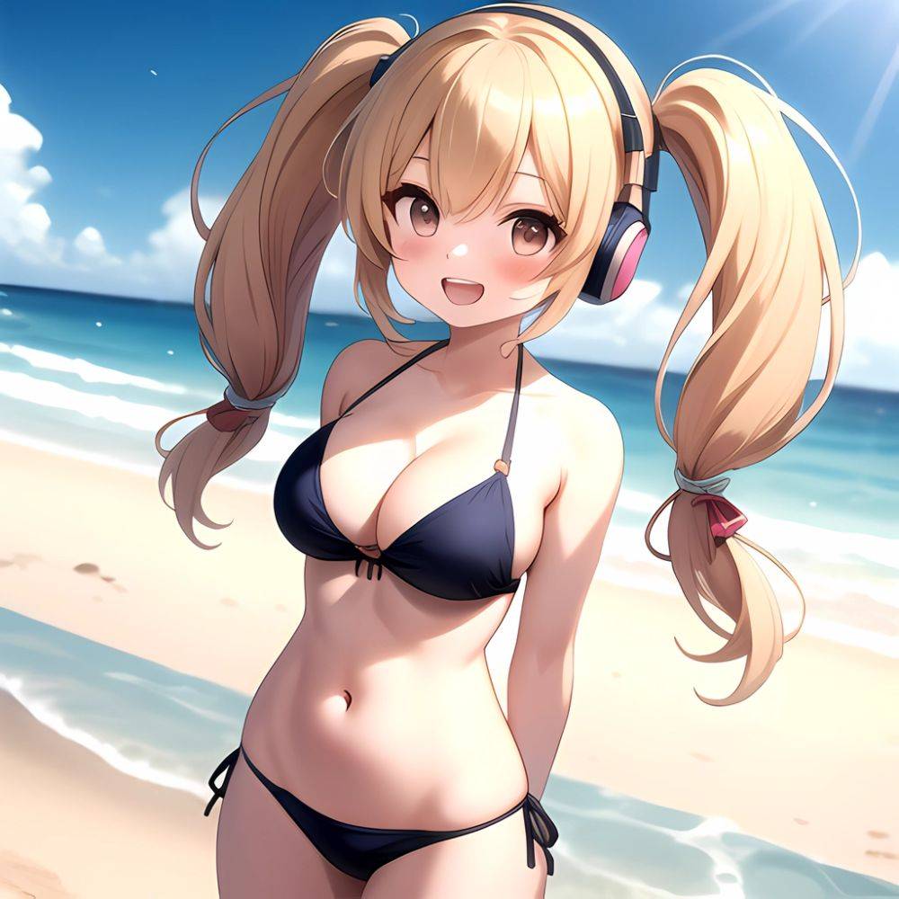 Super Pochaco 1girl Arms Behind Back Bare Shoulders Bikini Blonde Hair Blush Breasts Brown Eyes Cleavage Cowboy Shot Dark Skinne, 872500729 - AIHentai - #main