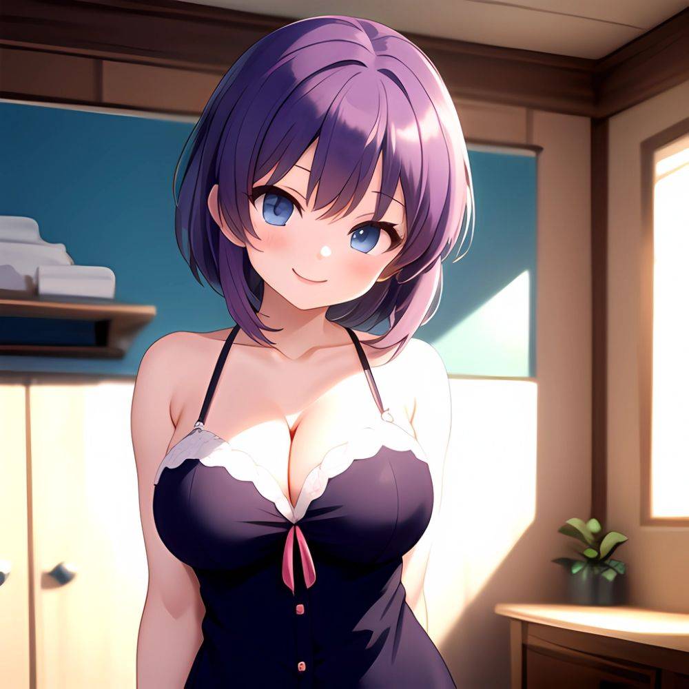 Yumi Senran Kagura 1girl Blue Eyes Breasts Cleavage Large Breasts Looking At Viewer Medium Breasts Paizuri Purple Hair Smile Upp, 582879815 - AIHentai - #main