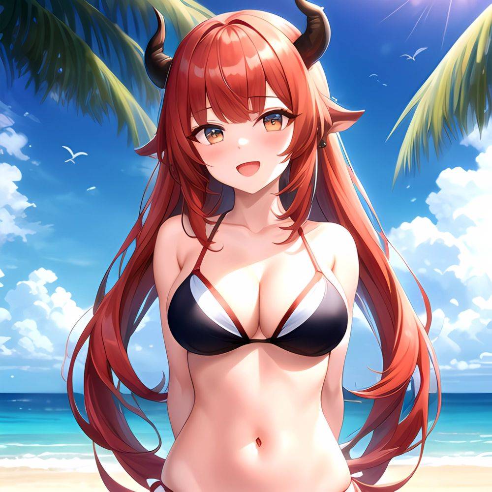 Nilou Genshin Impact 1girl Bare Shoulders Beach Bikini Blush Breasts Cleavage Collarbone Fake Horns Horns Large Breasts Long Hai, 1766739132 - AIHentai - #main