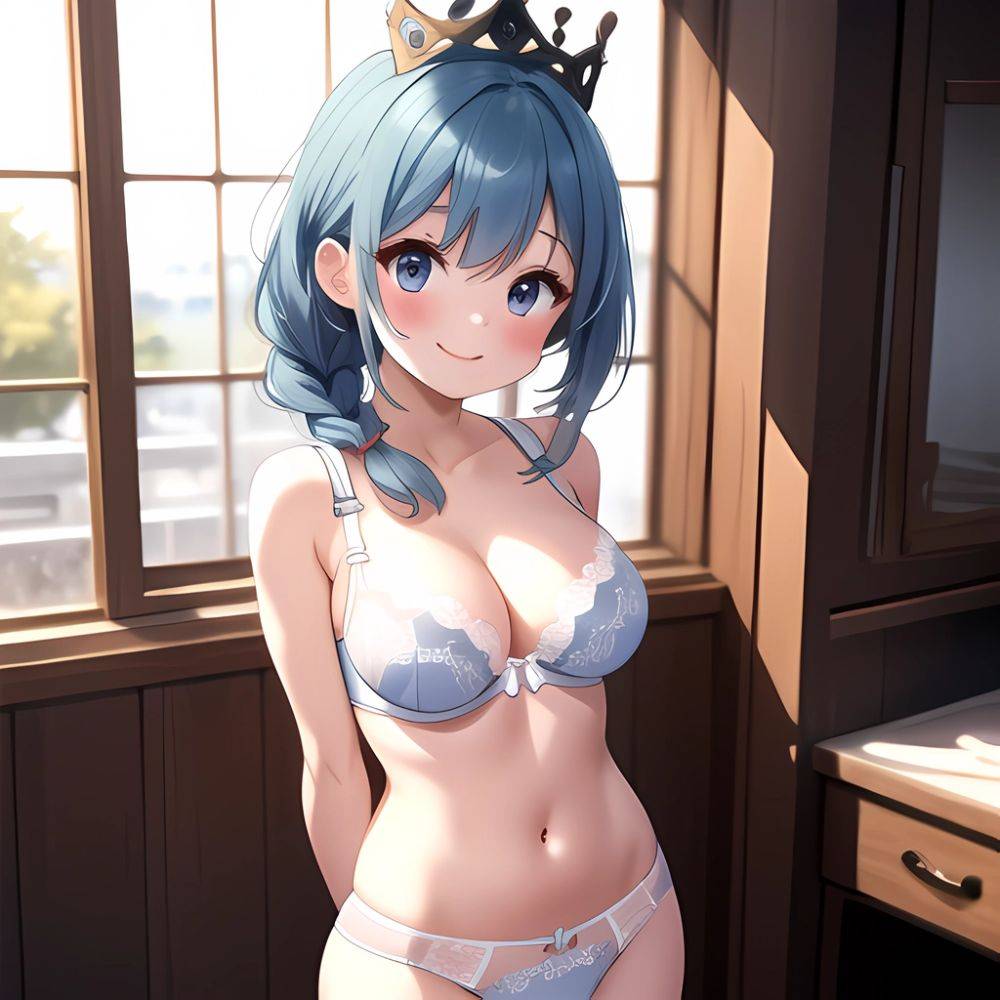Marianne Von Edmund 1girl Blue Hair Blush Bra Braid Breasts Cameltoe Cleavage Crown Braid Garter Belt Lace Trimmed Bra Lace, 3585764257 - AIHentai - #main