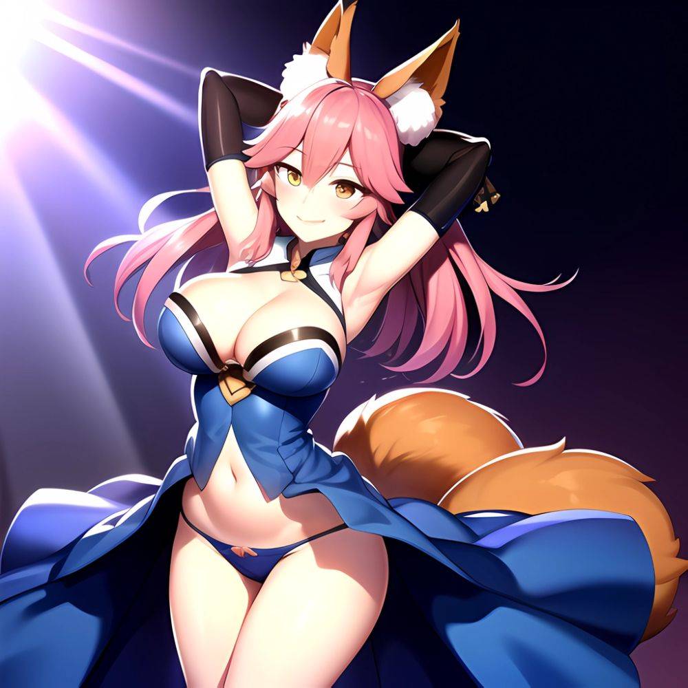 Tamamo Fate Tamamo No Mae Fate Extra 1girl Animal Ear Fluff Animal Ears Arms Up Bare Shoulders Blue Dress Blue, 2991912333 - AIHentai - #main