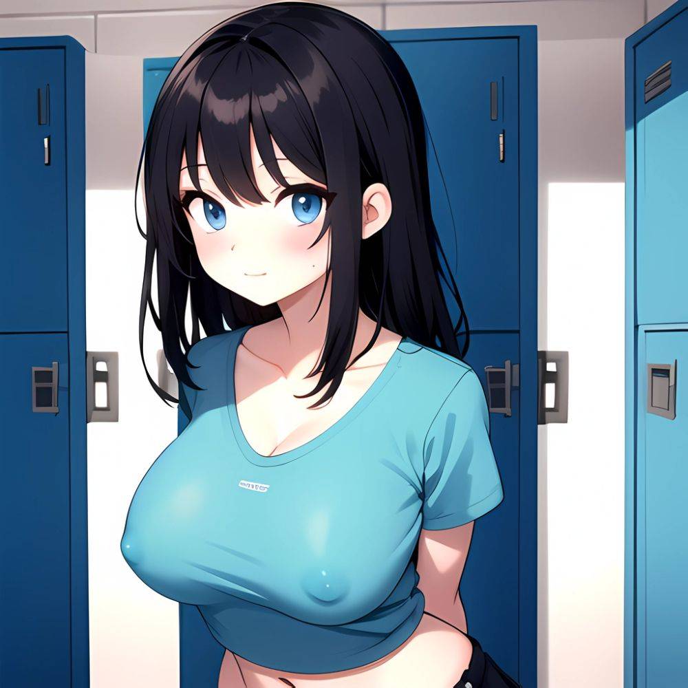 Black Hair Blue Eyes Pubic Hair Pussy Nipples Large Breasts Cleavage Takarada Rikka 1girl Blue Shirt Blush Closed Mouth Collarbo, 1028573614 - AIHentai - #main