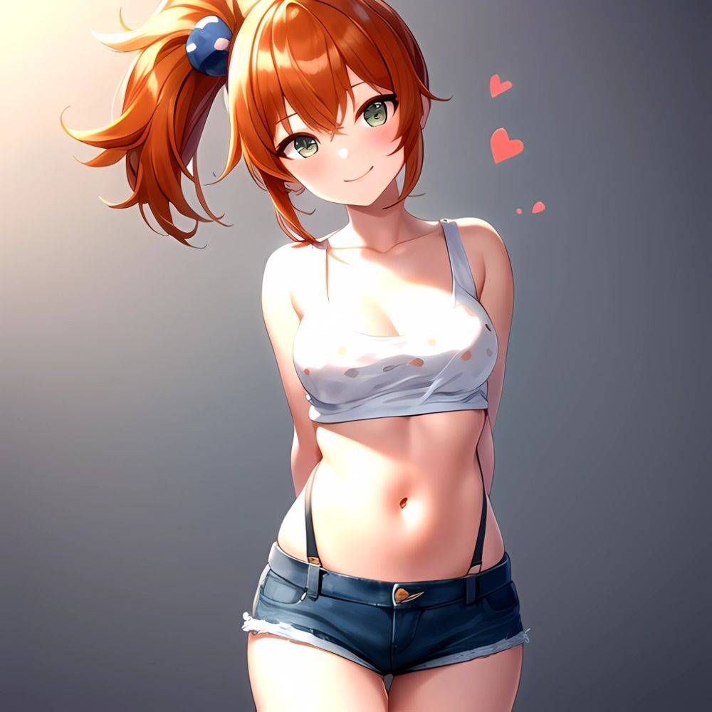 Misty Pokemon 1girl Blue Panties Breasts Denim Denim Shorts Head Tilt Heart Medium Breasts Navel Nipples No Bra Orange Hair, 2065466211 - AIHentai - #main