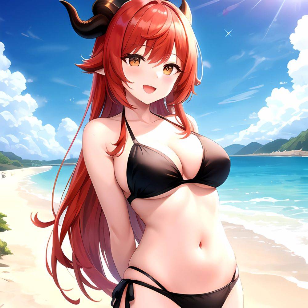 Nilou Genshin Impact 1girl Bare Shoulders Beach Bikini Blush Breasts Cleavage Collarbone Fake Horns Horns Large Breasts Long Hai, 517513836 - AIHentai - #main