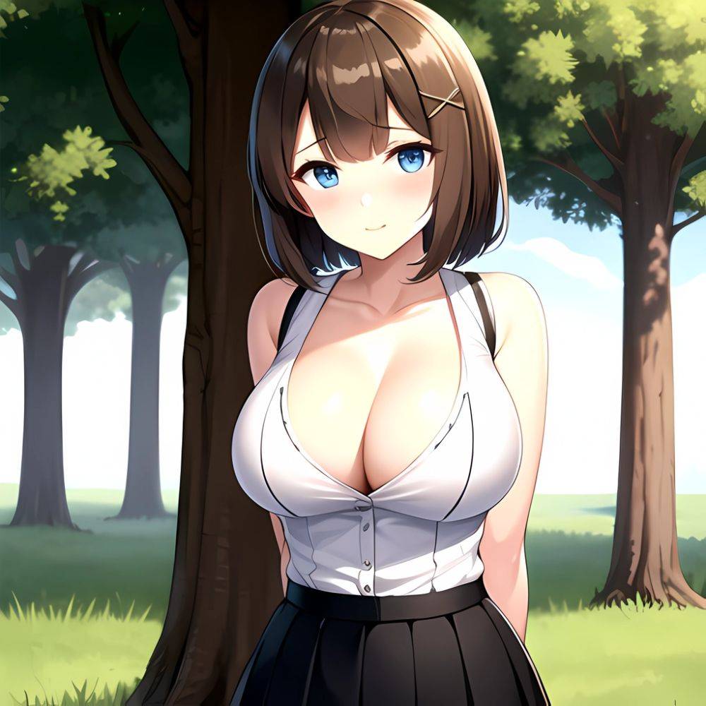 Blue Eyes Breasts Brown Hair Cleavage Large Breasts Short Hair Skirt Maya Kancolle 1girl Alternate Costume Arms Behind Back Blac, 2698729477 - AIHentai - #main