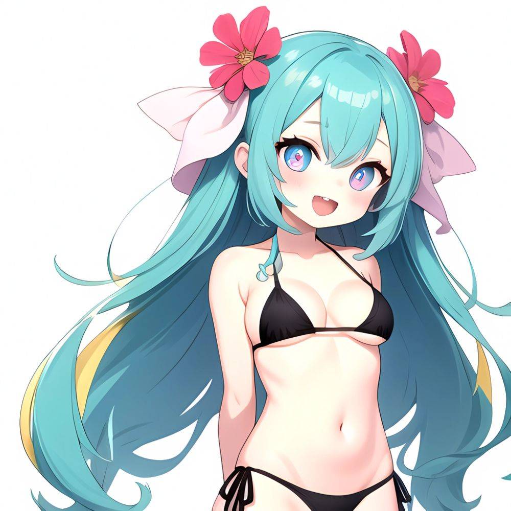 Pine Bombergirl 1girl 3 Aqua Hair Bare Shoulders Bikini Blonde Hair Blue Eyes Blue Hair Blue Trim Blush Breasts Cleavage, 3849134794 - AIHentai - #main