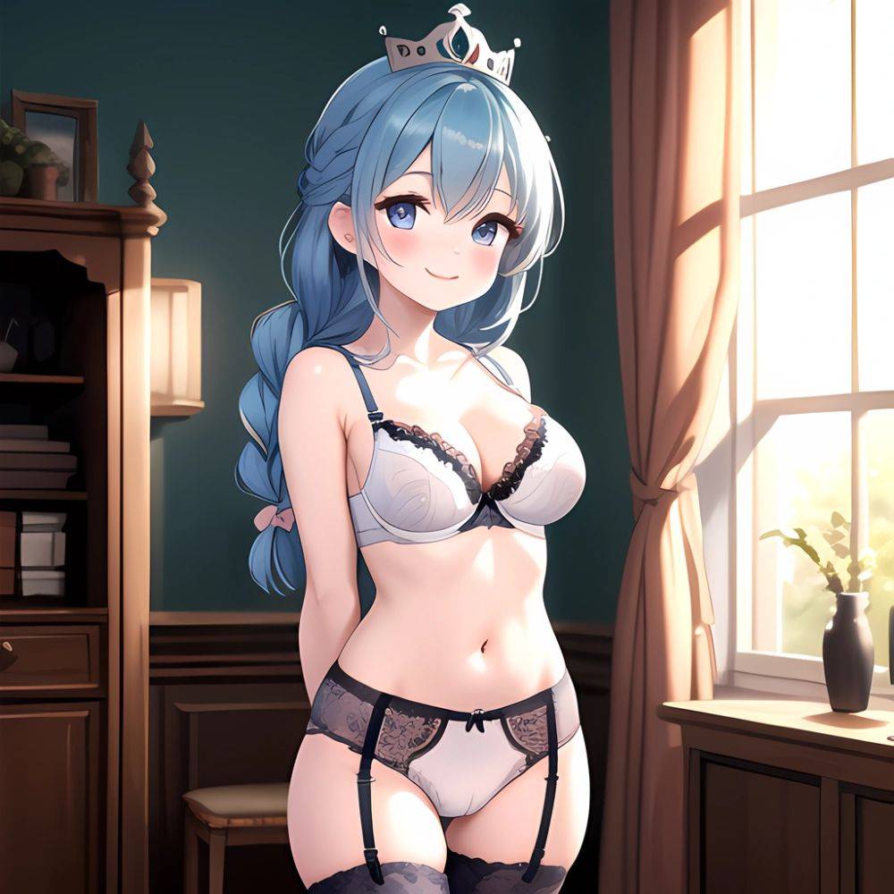 Marianne Von Edmund 1girl Blue Hair Blush Bra Braid Breasts Cameltoe Cleavage Crown Braid Garter Belt Lace Trimmed Bra Lace, 1687449214 - AIHentai - #main