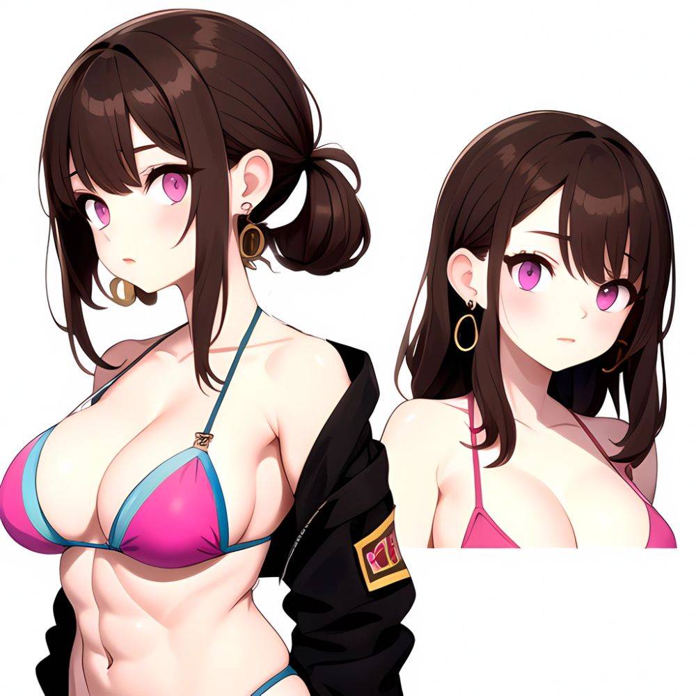 1girl Abs Bikini Breasts Brown Hair Colored Skin Earrings Jacket Jewelry Large Breasts Muscular Muscular Female Nose Piercing No, 1892641092 - AIHentai - #main