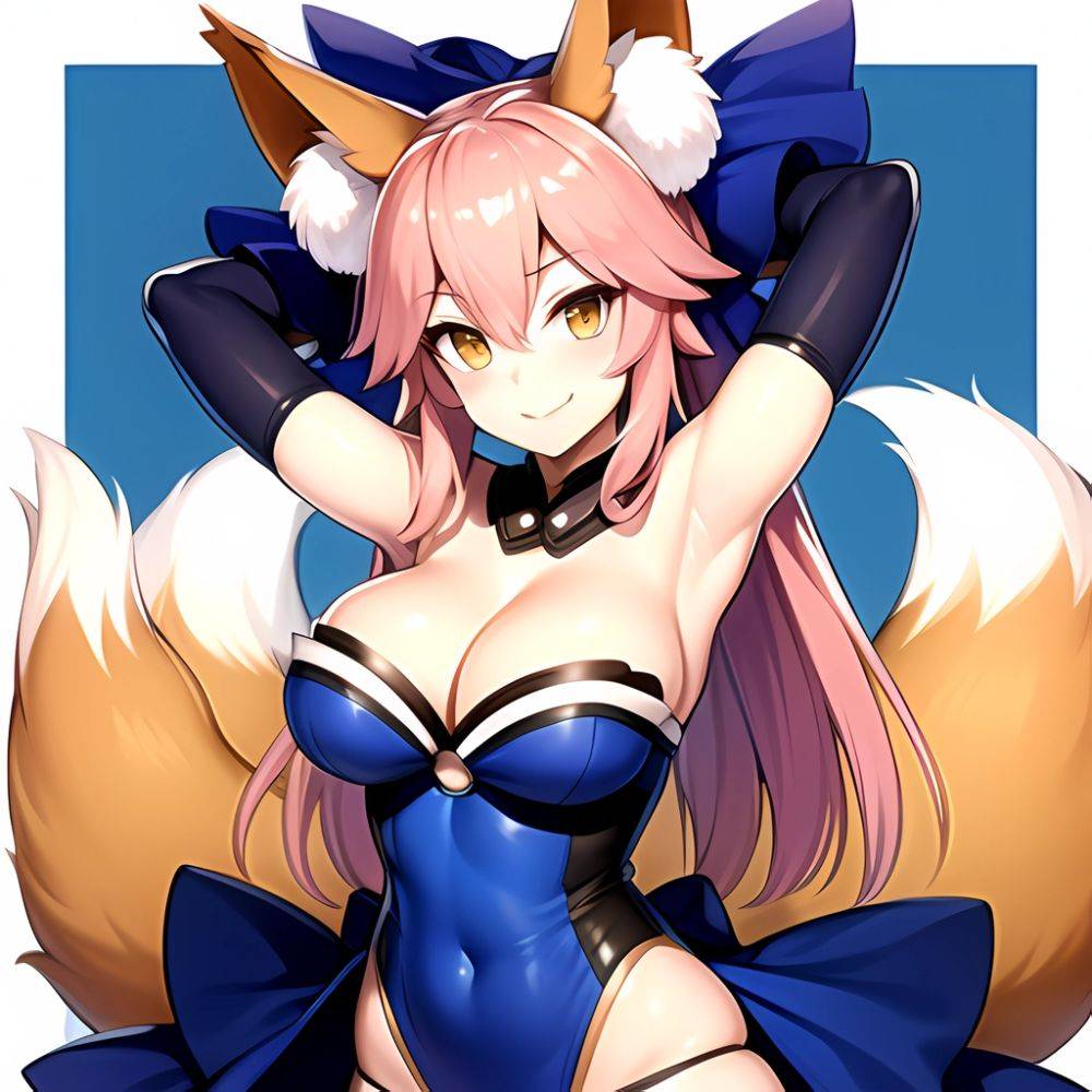 Tamamo Fate Tamamo No Mae Fate Extra 1girl Animal Ear Fluff Animal Ears Arms Up Bare Shoulders Blue Dress Blue, 699064152 - AIHentai - #main
