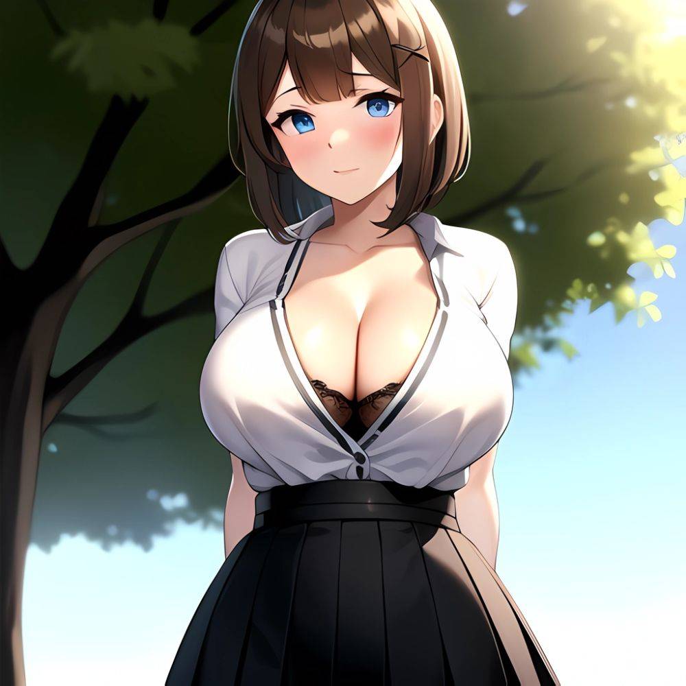 Blue Eyes Breasts Brown Hair Cleavage Large Breasts Short Hair Skirt Maya Kancolle 1girl Alternate Costume Arms Behind Back Blac, 1929248550 - AIHentai - #main