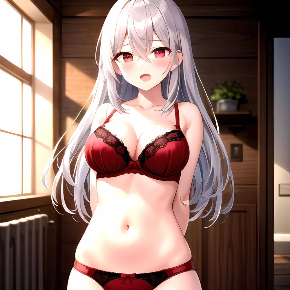 1girl Red Bra Blush Bra Breasts Double Parted Bangs Grey Hair Hair Between Eyes Indoors Large Breasts Long Hair Looking, 3844521676 - AIHentai - #main