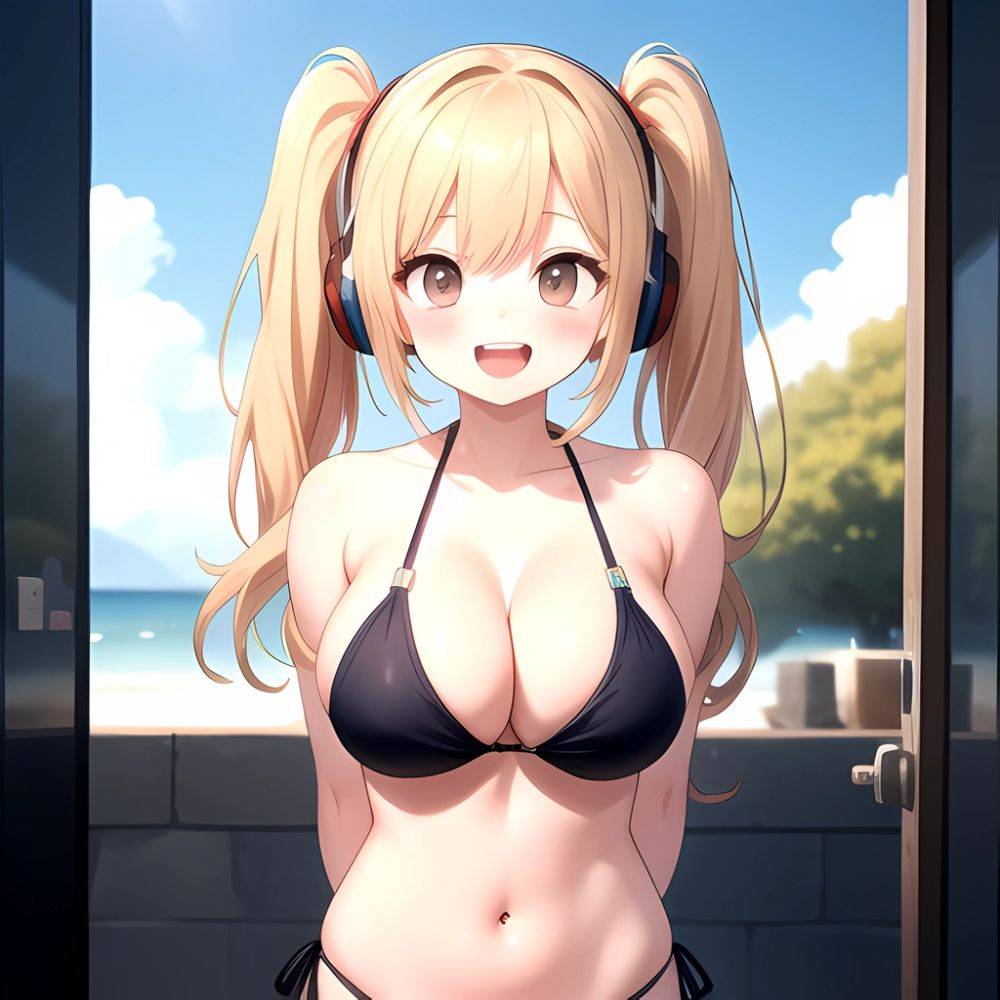 Super Pochaco 1girl Arms Behind Back Bare Shoulders Bikini Blonde Hair Blush Breasts Brown Eyes Cleavage Cowboy Shot Dark Skinne, 2097203037 - AIHentai - #main