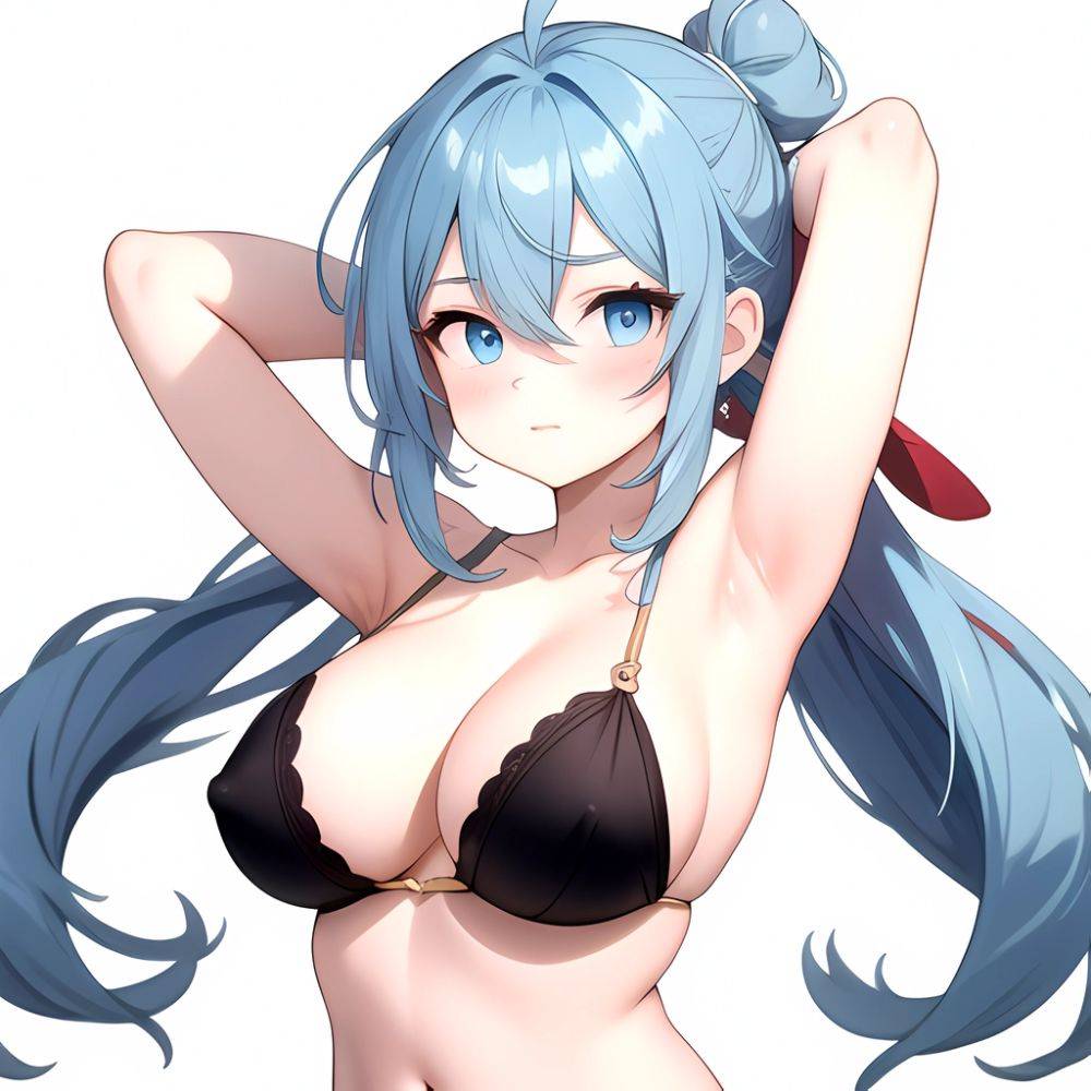 Furina Genshin Impact 1girl Ahoge Arms Behind Head Armpits Blue Eyes Blue Hair Blush Massive Boobs Huge Breasts Closed Mouth, 3824431818 - AIHentai - #main