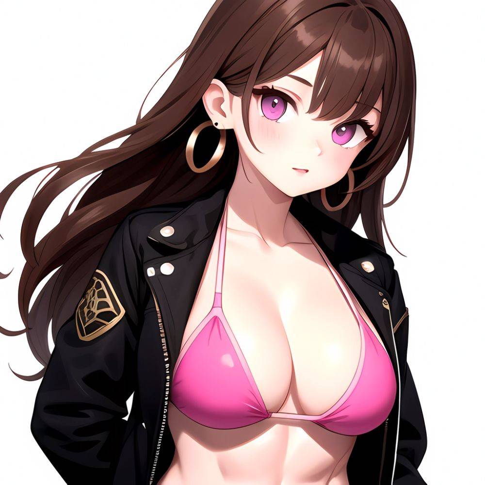 1girl Abs Bikini Breasts Brown Hair Colored Skin Earrings Jacket Jewelry Large Breasts Muscular Muscular Female Nose Piercing No, 4226303752 - AIHentai - #main