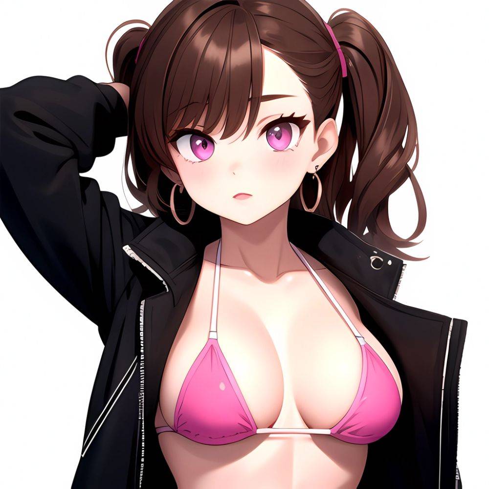 1girl Abs Bikini Breasts Brown Hair Colored Skin Earrings Jacket Jewelry Large Breasts Muscular Muscular Female Nose Piercing No, 1796207994 - AIHentai - #main