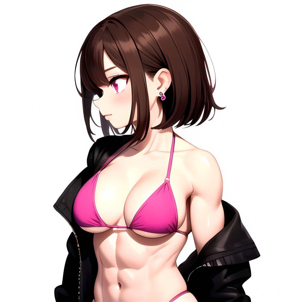 1girl Abs Bikini Breasts Brown Hair Colored Skin Earrings Jacket Jewelry Large Breasts Looking To The Side Muscular Muscular Fem, 3156871710 - AIHentai - #main