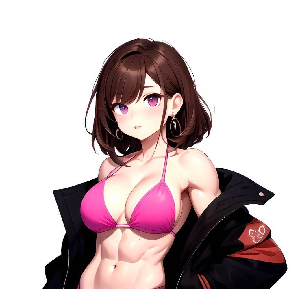 1girl Abs Bikini Breasts Brown Hair Colored Skin Earrings Jacket Jewelry Large Breasts Muscular Muscular Female Nose Piercing No, 1044328412 - AIHentai - #main