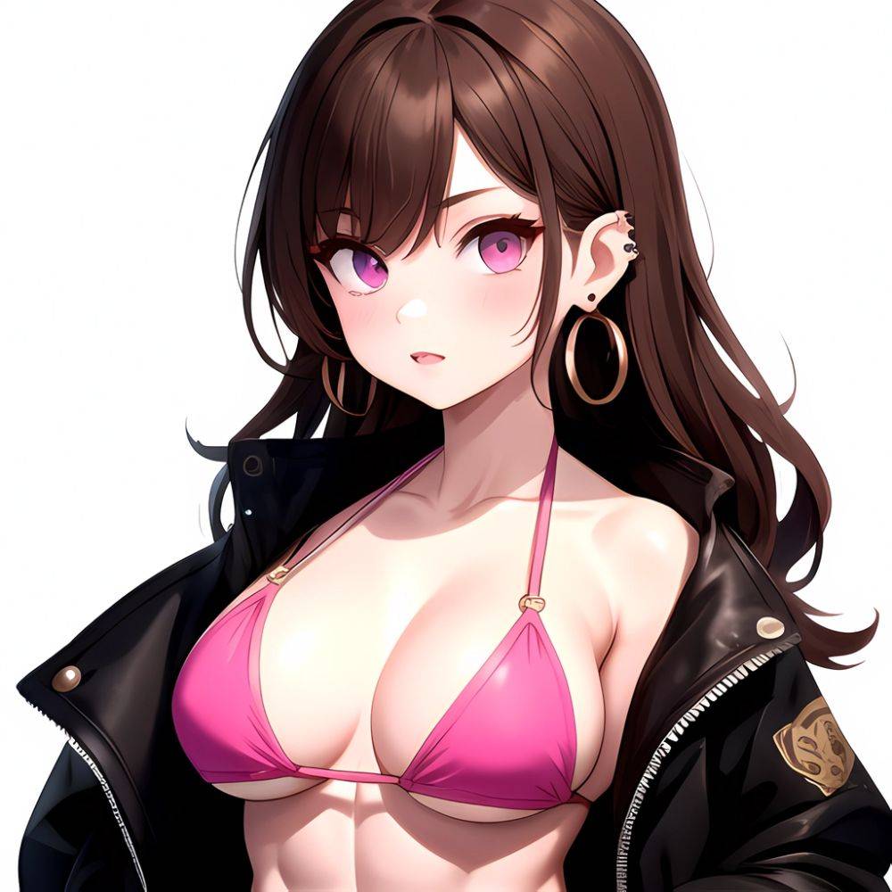 1girl Abs Bikini Breasts Brown Hair Colored Skin Earrings Jacket Jewelry Large Breasts Muscular Muscular Female Nose Piercing No, 1791919162 - AIHentai - #main