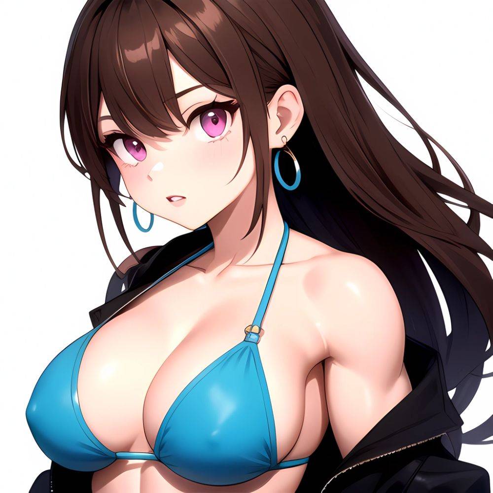 1girl Abs Bikini Breasts Brown Hair Colored Skin Earrings Jacket Jewelry Large Breasts Muscular Muscular Female Nose Piercing No, 4028614610 - AIHentai - #main