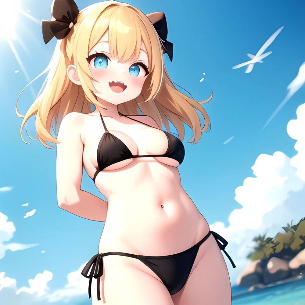 Pine Bombergirl 1girl 3 Aqua Hair Bare Shoulders Bikini Blonde Hair Blue Eyes Blue Hair Blue Trim Blush Breasts Cleavage, 3776829238 - AIHentai - #main