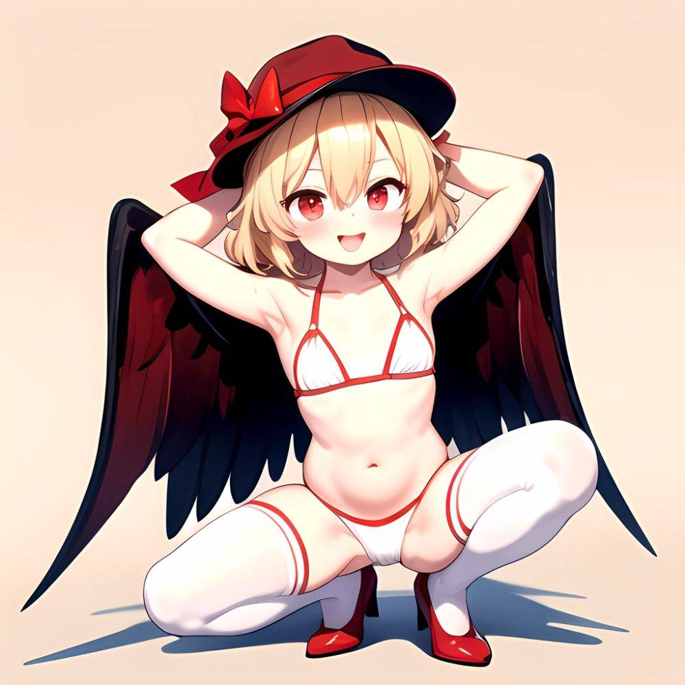 Armpits Bikini Breasts Red Eyes Red Thighhighs Small Breasts Thick Thighs White Bikini Flandre Scarlet 1girl P Blonde Hair Blush, 1705514544 - AIHentai - #main