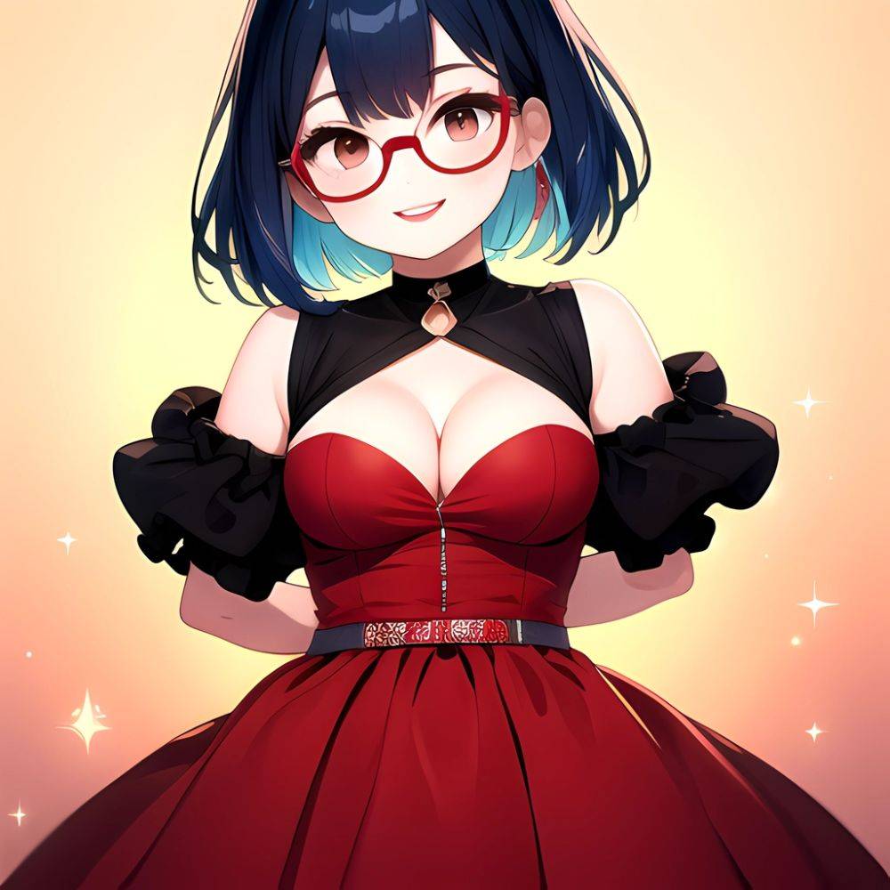 Kson 1girl Black Hair Blue Hair Breasts Brown Eyes Choker Cleavage Collarbone Dress Glasses Gradient Hair Head Tilt Looking At, 2377868682 - AIHentai - #main
