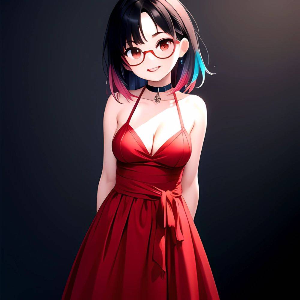Kson 1girl Black Hair Blue Hair Breasts Brown Eyes Choker Cleavage Collarbone Dress Glasses Gradient Hair Head Tilt Looking At, 3423736742 - AIHentai - #main
