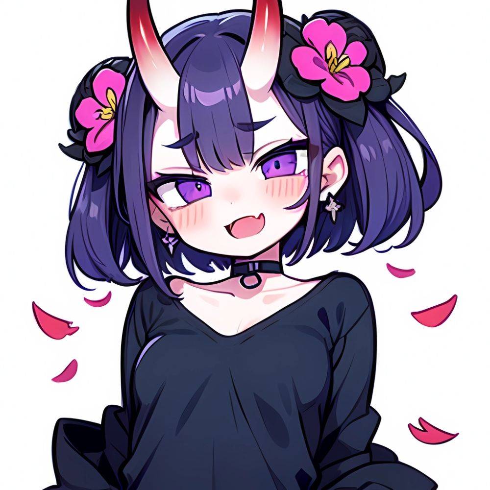 Shuten Douji Fate 1girl Blush Bob Cut Breasts Collarbone Earrings Fang Flower Hair Flower Hair Ornament Horns Jewelry Looking At, 2635752214 - AIHentai - #main