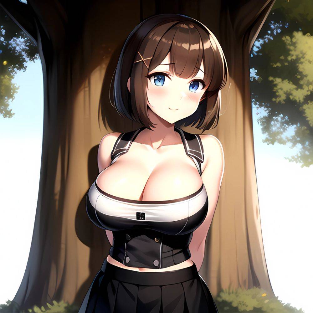 Blue Eyes Breasts Brown Hair Cleavage Large Breasts Short Hair Skirt Maya Kancolle 1girl Alternate Costume Arms Behind Back Blac, 3156927562 - AIHentai - #main