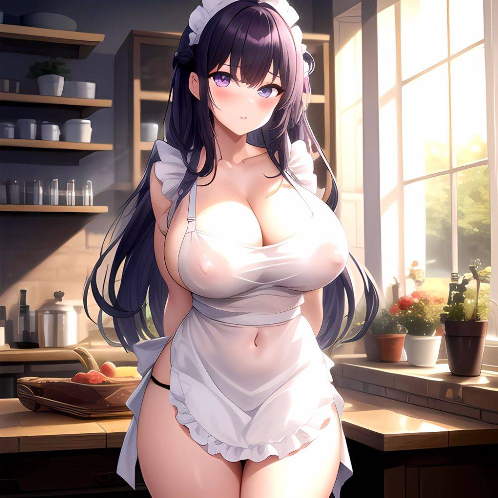 Fern Sousou No Frieren 1girl Apron Black Apron Black Panties Blunt Bangs Breasts Cleavage Collarbone Covered Navel Covered Nippl, 1636049985 - AIHentai - #main