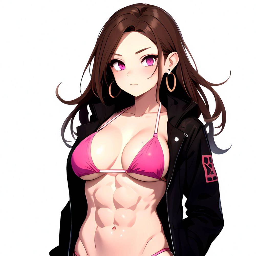 1girl Abs Bikini Breasts Brown Hair Colored Skin Earrings Jacket Jewelry Large Breasts Muscular Muscular Female Nose Piercing No, 385371223 - AIHentai - #main
