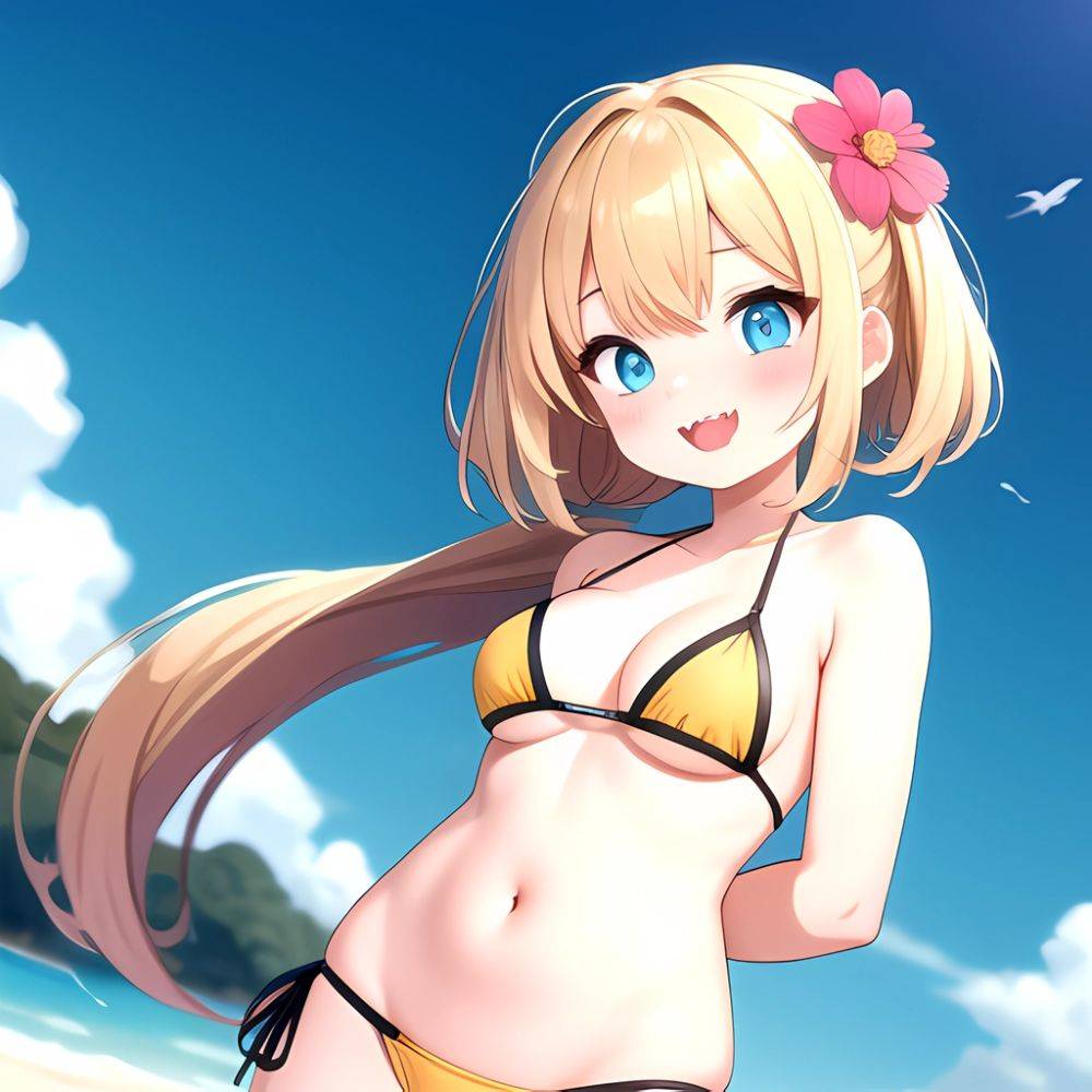 Pine Bombergirl 1girl 3 Aqua Hair Bare Shoulders Bikini Blonde Hair Blue Eyes Blue Hair Blue Trim Blush Breasts Cleavage, 2685921946 - AIHentai - #main